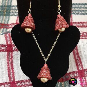 Festive Elegance: Red & Gold Christmas Bell Handmade Necklace and Earrings Set